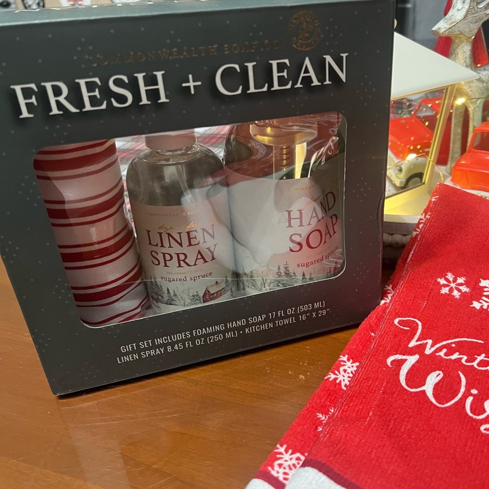 Fresh + Clean Gift Set with Linen Spray and Hand Soap and Dish Towel NWT